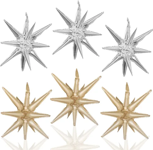 Vista 25 de 6 Globos de Papel de Aluminio con Forma de Estrella Negra de Una Pieza, Globo de Estrella de 14 Puntas 4D Cono Starburst de Mylar de 22 Pulgadas 22