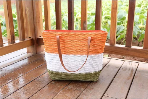 Vista 68 de Bolso grande de paja para mujer, tejido de ratán, bolso de playa de verano, a rayas
