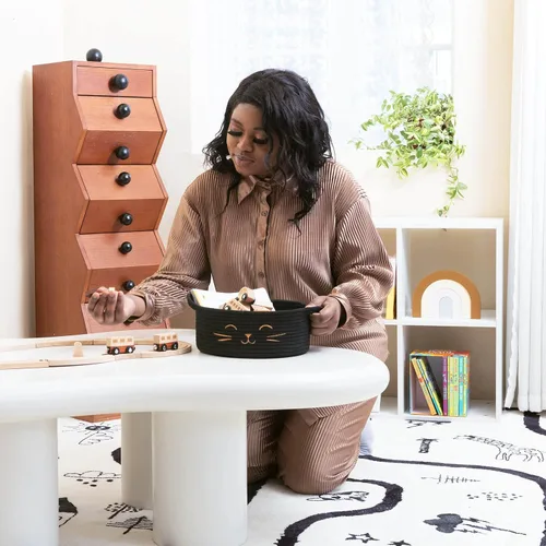 Vista 5 de Cesta pequeña de almacenamiento, cesta de juguetes para mascotas negra y linda para gatos, perros, cesta de cuerda decorativa para organizar, cesta