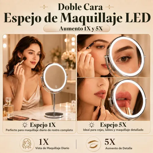 Vista 6 de Ysenchan Espejo de maquillaje iluminado, espejo de aumento LED recargable de 8 pulgadas, espejo de manipulación 5X de doble cara con soporte