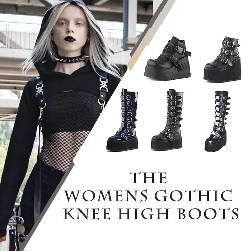 Vista 2 de Botas góticas a la rodilla para mujeres con plataforma estilo combate estilo motocicleta estilo botines