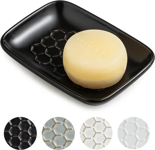 Vista 19 de Gomakren Jabonera para ducha, soporte de cerámica para jabón con diseño de panal, bandeja ahorradora de jabón para fregadero de cocina y baño, Beige