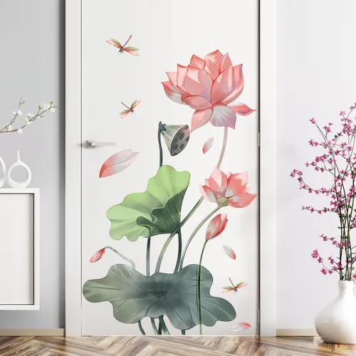 Vista 6 de Calcomanía de pared creativa de libélula de loto, calcomanía de pared de hoja de loto grande y vaina, mural de pared extraíble para sala de estar