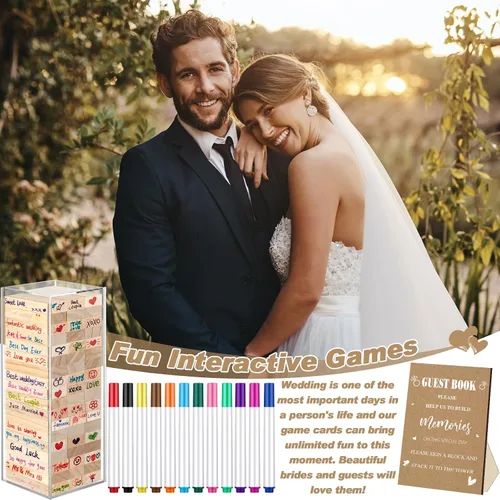 Vista 7 de Beeveer 80 piezas Libro de invitados para boda alternativo en bloque de madera para cartel de boda, decoración de despedida de soltera, 54 piezas
