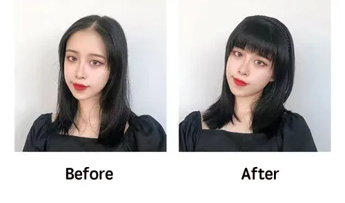 Vista 2 de Diadema de cabello humano de 10 pulgadas para mujer, extensión de cabello lacio natural con clip, con flequillo, color marrón oscuro