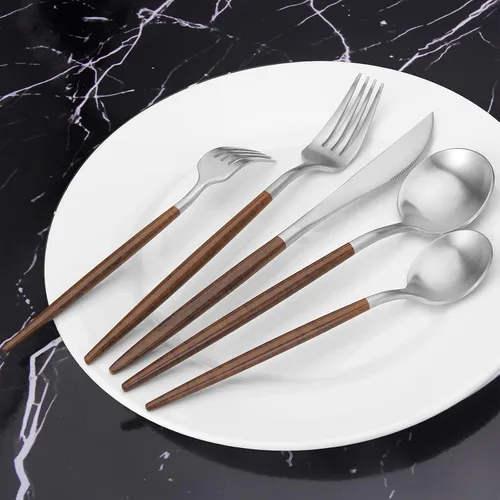 Vista 5 de Vanys - Juego de cubiertos con mango negro, 30 piezas de cubiertos de acero inoxidable, juegos de utensilios de cocina para 6, vajilla