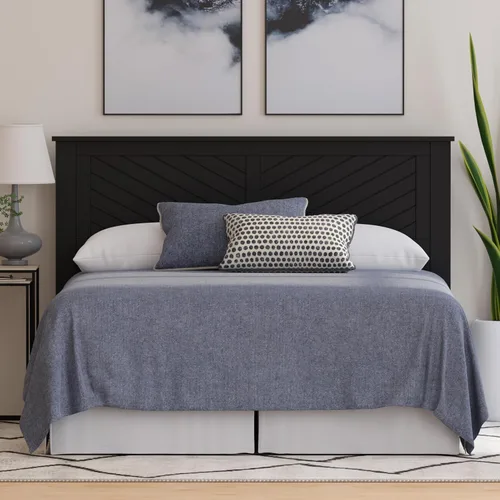 Vista 6 de ComfIQ Serene - Cabecera de madera de álamo tamaño completo en negro, panel de granja moderno con ranurado en chevron, estilo costero casual, fácil