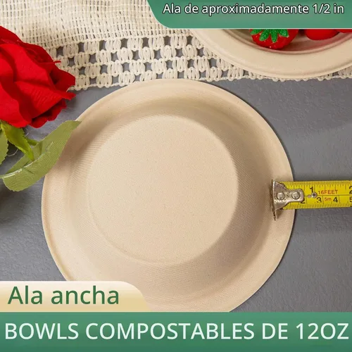 Vista 5 de Cuencos de papel compostables de 12 oz 200 unidades Paquete a granel resistente ecológico Desechables biodegradables hechos de fibras de caña