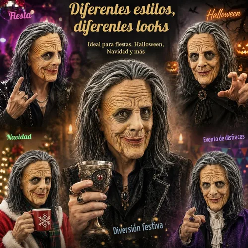 Vista 6 de Máscara de Halloween de mujer anciana aterradora para adultos, cabello