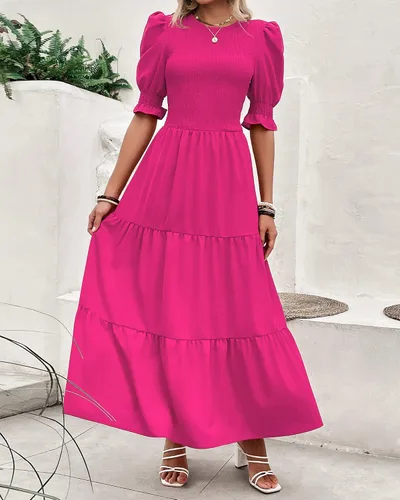 Vista 147 de BTFBM Vestidos para mujer, cuello redondo, casual, de verano, con volantes, manga corta, bohemio, con niveles, fruncido, largo, con estampado floral
