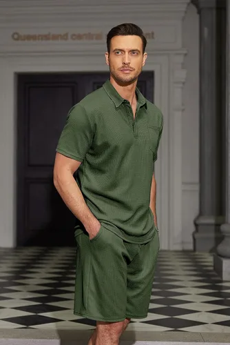 Vista 7 de COOFANDY Conjunto de camisa polo y pantalones cortos de punto gofre para hombre, conjunto de 2 piezas, traje de verano casual con bolsillos
