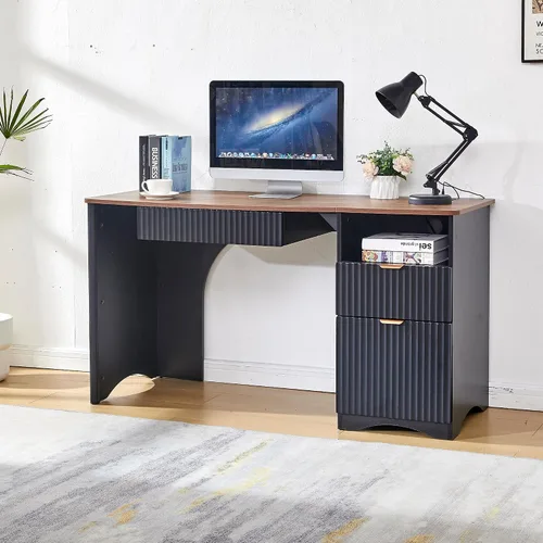 Vista 8 de Escritorio moderno para computadora de 55 pulgadas con bandeja para teclado, tomas de corriente integradas, diseño estriado, cajón principal 2 en 1