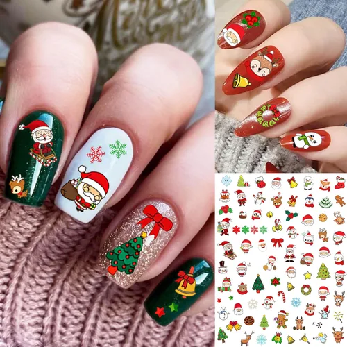 Vista 6 de COKTAK 6 hojas de calcomanías de uñas de Navidad para manicura, calcomanías autoadhesivas divertidas de Papá Noel, alce y ciervo, calcomanías