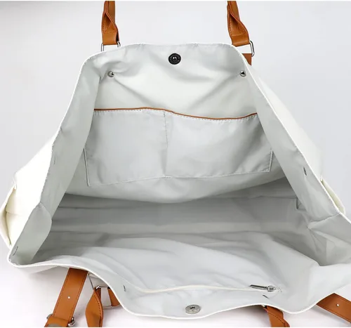 Vista 2 de Bolsa de playa con mango de cuero vegano, extra grande, para mujer, impermeable, a prueba de arena, color blanco