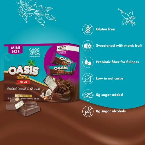 Vista 3 de ChocZero Oasis Bars, barras de caramelo de chocolate sin azúcar, coco y almendras, paquete de 4