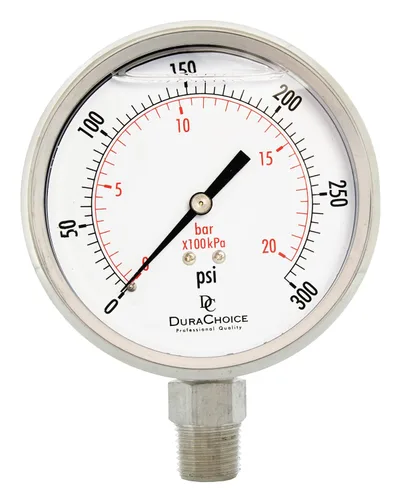 Vista 4 de Medidor de presión de acero inoxidable lleno de aceite de 4" - 1/2" NPT montaje inferior 30 PSI