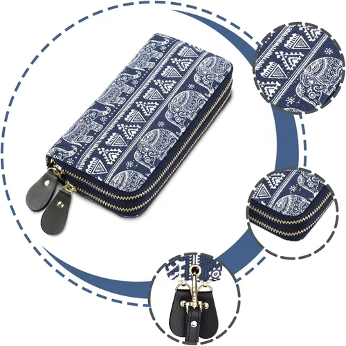 Vista 2 de LATH.PIN RFID Blocking Bohemian Purse Wallet Canvas Elephant Pattern Handbag with Coin Pocket and Strap