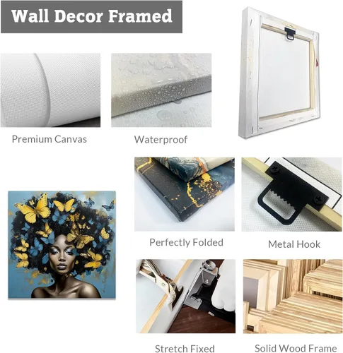 Vista 6 de CCWACPP Lienzo africano americano para pared, diseño de mujeres negras y azules y doradas, pintura de mariposas y mujeres africanas para decoración