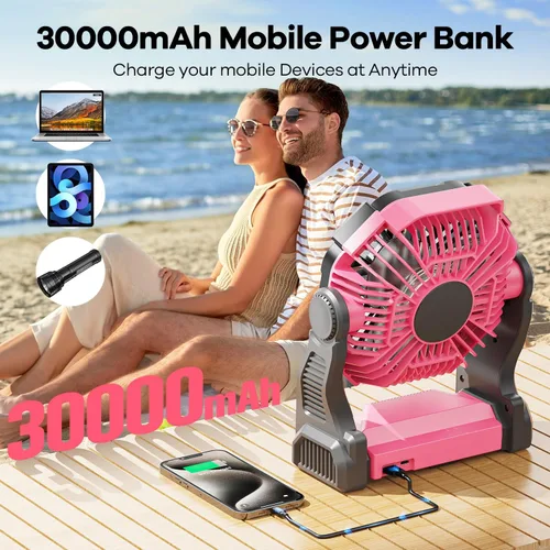 Vista 6 de Ventilador solar de 30000 mAh con linterna LED, panel solar recargable de 10 W, ventilador de camping para exteriores, portátil de 9 pulgadas Rosa