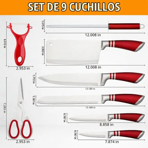 Vista 6 de Juego de 9 cuchillos de cocina rojos con bloque acrílico, regalos estéticos