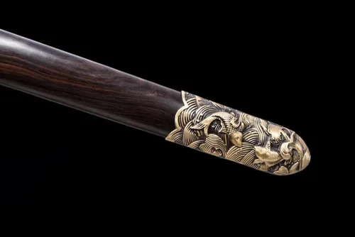Vista 8 de Espadas chinas, Espada Rey Dragón Real, Hojas de acero de Damasco forjado, accesorios de latón, vaina de ébano, negro