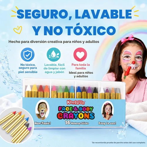 Vista 5 de Kangaroo 32 Washable Face Painting Kit for Kids, 16 Colors (2 Each)