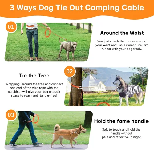Vista 3 de Correa de cable resistente para perros grandes Reflective Dog Leads for Yard 10/15/20/30/50Ft Outdoor Dog Runner Tether Chain for Outside Camping