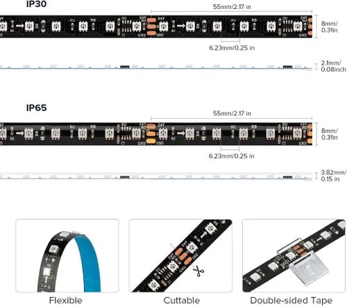 Vista 3 de BTF-LIGHTING Tira de luz LED RGB WS2811 direccionable de 2835SMD con color persiguiendo 9.8 pies DC24V 108LED/m 18píxeles/m 8mm de ancho IP65