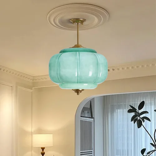 Vista 7 de Lámpara de techo de cristal de leche verde, lámpara colgante de calabaza vintage de 15 pulgadas con accesorio de latón antiguo, lámpara colgante