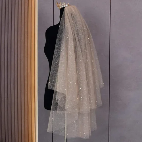 Vista 3 de Velo de novia de boda de 2 niveles de tul suave con perlas longitud de los dedos con peine
