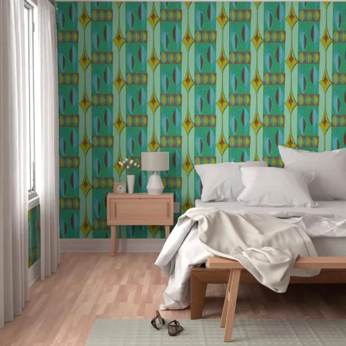 Vista 5 de Muestras de papel tapiz extraíbles, color azul y marrón, retro, de mediados de siglo, Tiki Mod Atómico, papel pintado prepegado personalizado por