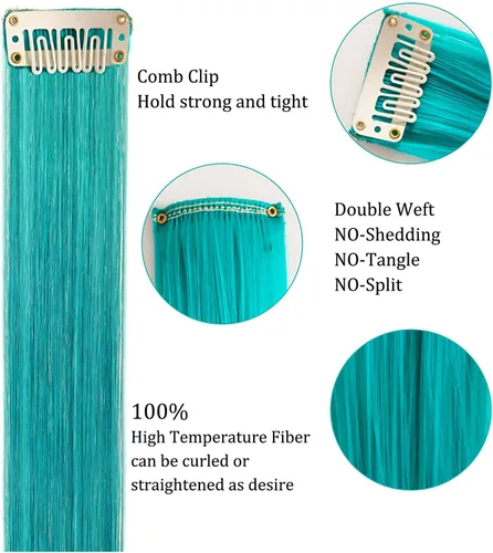 Vista 3 de Extensiones de cabello con clip de colores, 8 piezas de cabello sintético liso con reflejos azules y verde azulado