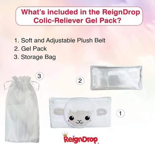 Vista 3 de ReignDrop Alivio de cólicos para recién nacidos – Set de alivio de gases con banda para el vientre, paquete de gel, bolsa de almacenamiento