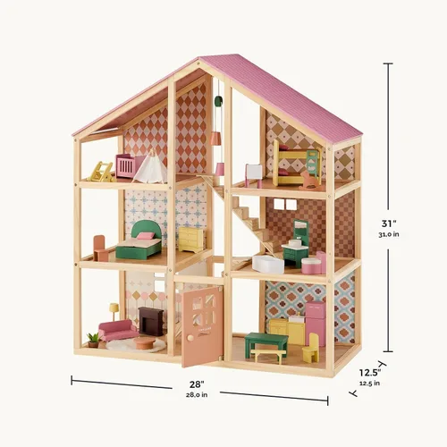 Vista 6 de Tiny Land Casa de muñecas de madera para niñas, casa de muñecas de madera de 6 habitaciones, casa de muñecas de bricolaje con 31 accesorios de Rosa