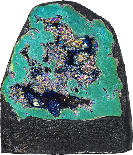 Vista 11 de TUMBEELLUWA Decoración de piedra de geoda de cristal con revestimiento de titanio irregular, espécimen de racimo de roca de arco iris natural