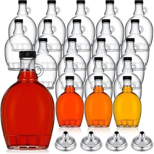 Vista 8 de Hoolerry Paquete de 24 botellas de vidrio de jarabe de arce con asa y tapas, recipientes de jarabe de arce de 8.45 onzas, recipientes de vidrio