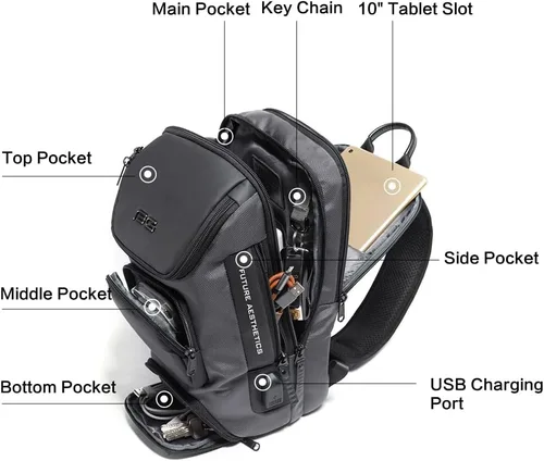 Vista 3 de Mochila tipo bandolera para hombre, bolsa de hombro impermeable con puerto USB