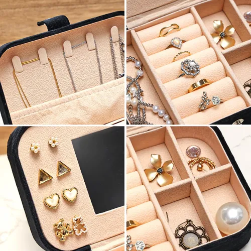 Vista 4 de Fixwal Joyero pequeño de viaje, joyero de viaje, organizador de joyas de terciopelo de felpa para mujeres y niñas, joyero portátil con espejo