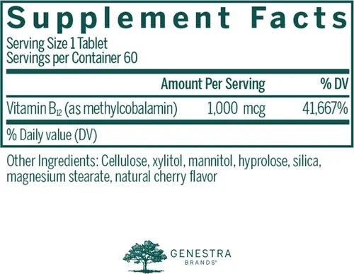 Vista 2 de Genestra Brands Active Chewable B12 Tabletas masticables de vitamina B12 60 tabletas masticables Sabor natural a cereza