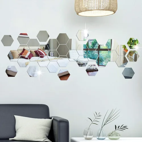 Vista 4 de 36 calcomanías de pared de espejo acrílico extraíbles, calcomanías de pared hexagonales plateadas, calcomanías de pared autoadhesivas 3D, azulejos