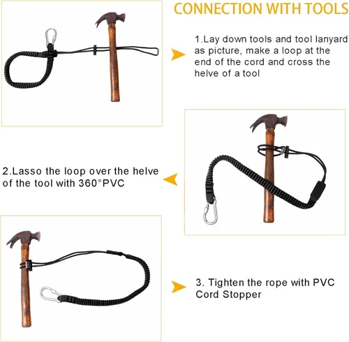 Vista 5 de Correa de herramienta retráctil, paquete de 3 correas de seguridad para herramientas con mosquetón de aluminio y clip de cierre y extremo de bucle