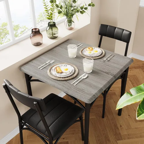 Vista 2 de Alkmaar Juego de mesa de cocina cuadrada de 3 piezas, 2 sillas tapizadas, para espacios pequeños, apartamento, gris retro