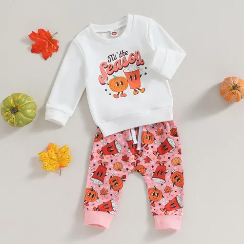 Vista 3 de Kayotuas Conjunto de camisa y pantalones de manga larga con cuello redondo para bebé, disfraz de calabaza, fantasma, calabaza, fantasma, camiseta