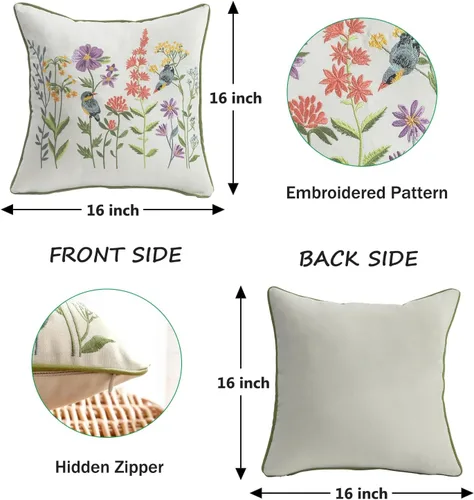 Vista 2 de Juego de 2 fundas de almohada bordadas de 16 x 16 pulgadas, diseño vintage de pájaros con flores, fundas de almohada de granja para almohada, fundas