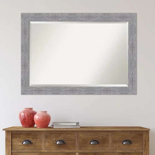 Vista 6 de Amanti Art Espejo de baño gris para sobre el fregadero, espejo rectangular gris rústico de corteza de 29 x 41 pulgadas, marco rústico grande, se