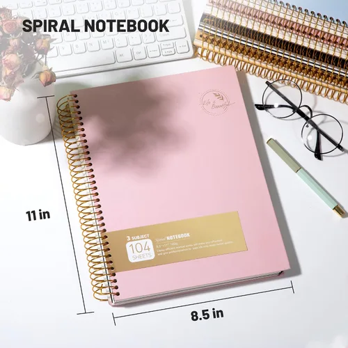 Vista 3 de FLYING EAGLE Cuaderno de 3 materias en espiral grande de 8.5 x 11 pulgadas, color rosa para mujeres y hombres, papel grueso de 100 GSM, 104 hojas