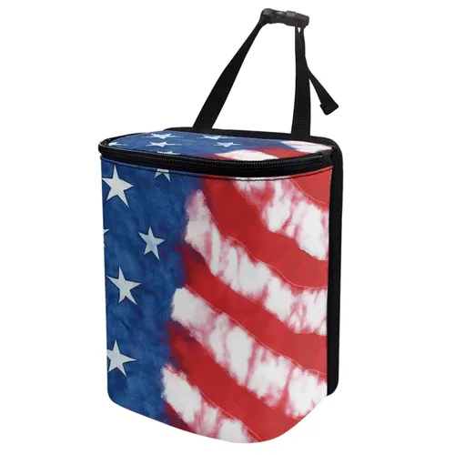 Vista 3 de Talayituse Cubo de basura para automóvil con estampado de bandera estadounidense, cubo de basura portátil ajustable con tapa, bolsa colgante