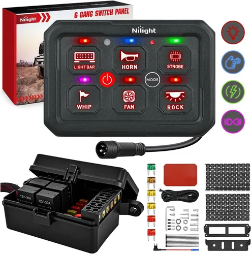 Vista 29 de Nilight Panel de Interruptores de 6 Posiciones Sistema de Relé de Control de Circuito Universal con Arnés de Cableado con Fusible LED Pod Regulable