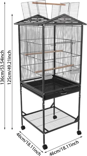 Vista 2 de Jaula grande para pájaros, jaulas movibles para pájaros con ruedas, 4 ventanas de alimentación, bandeja deslizante, aviario panorámico para pájaros