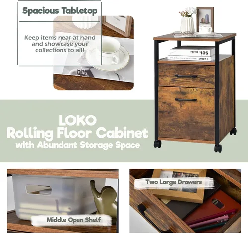 Vista 7 de LOKO Archivador móvil de 2 cajones, archivador rodante para debajo del escritorio con estante abierto, soporte de impresión con ruedas, archivador